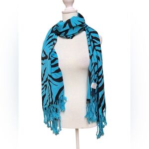 Turquoise & Black Zebra Print Fringe Scarf | Lightweight Acrylic Wrap